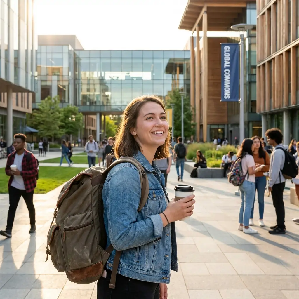 Student mit Rucksack plant sein bevorstehendes Auslandssemester