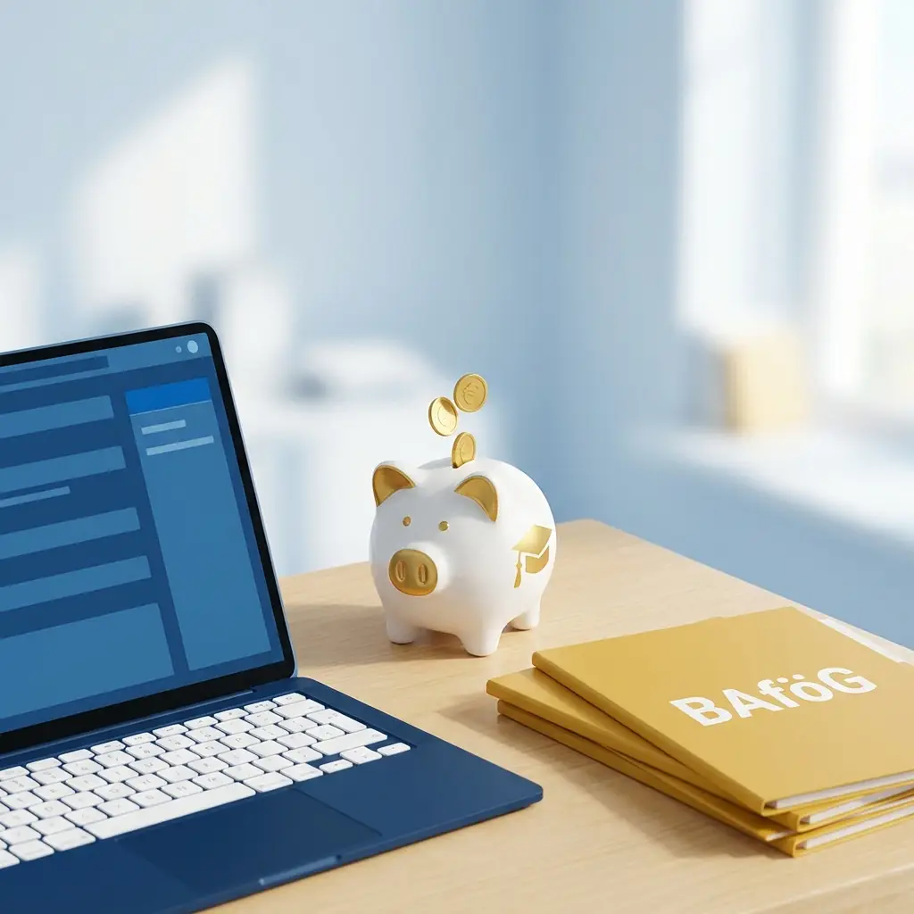 Piggy bank and BAföG folder on a modern desk