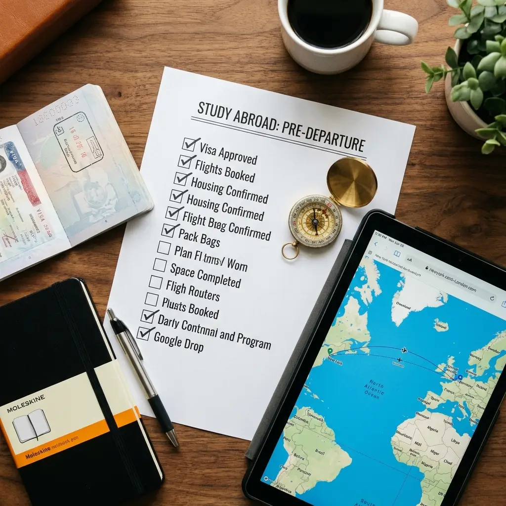 Moderner Schreibtisch mit Checkliste für die Planung des Auslandsstudiums