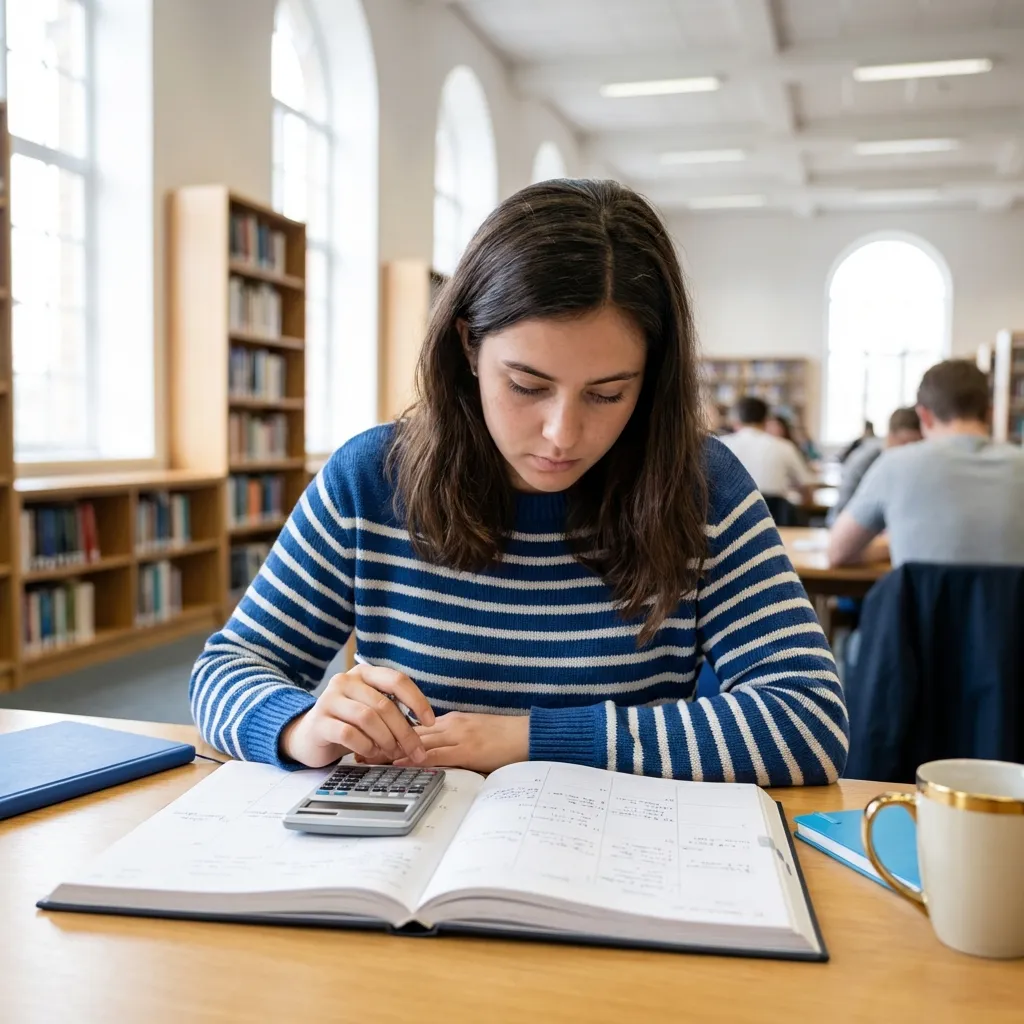 Studentin plant Semester mit Kalender und Taschenrechner