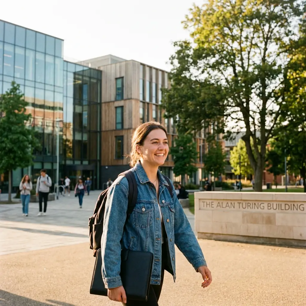 Zufriedene Studentin auf einem modernen Uni-Campus
