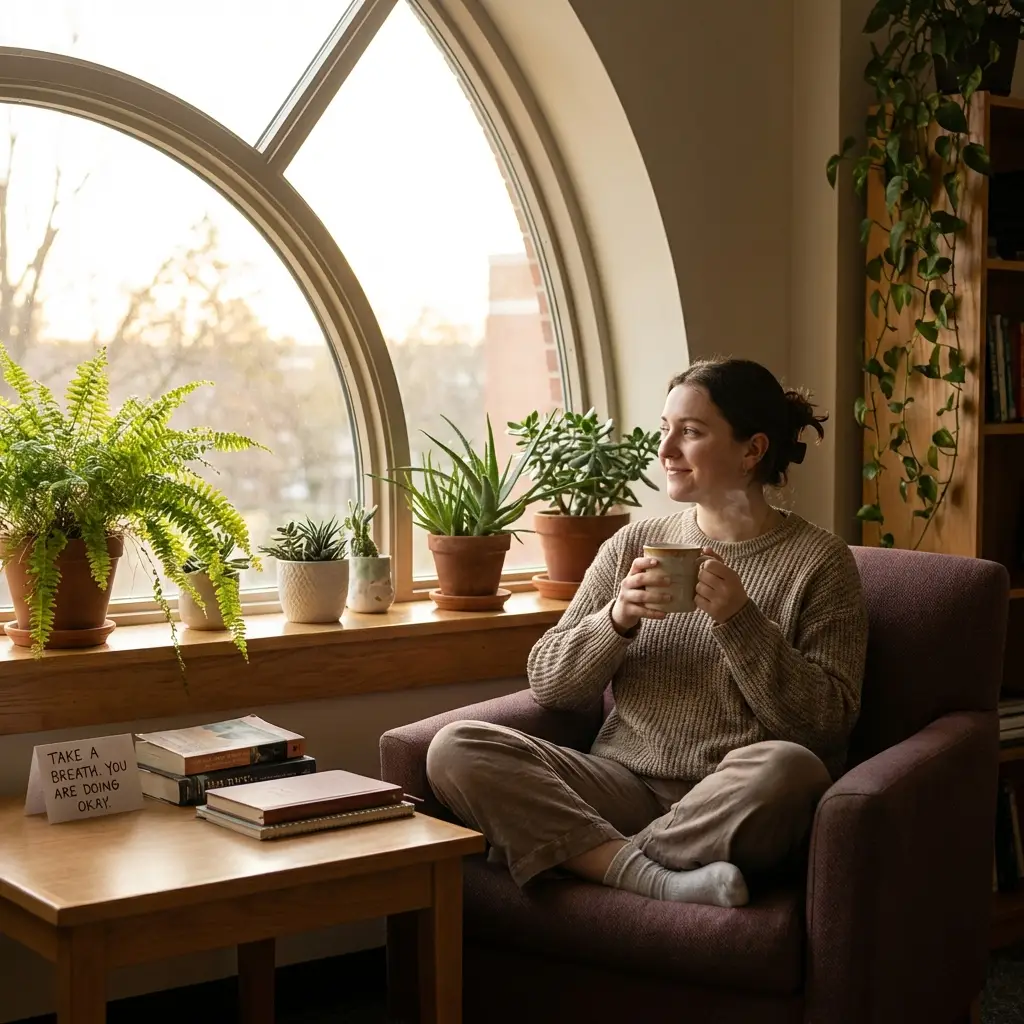 Studentin entspannt sich am Fenster mit einer Tasse Tee für besseres psychisches Wohlbefinden