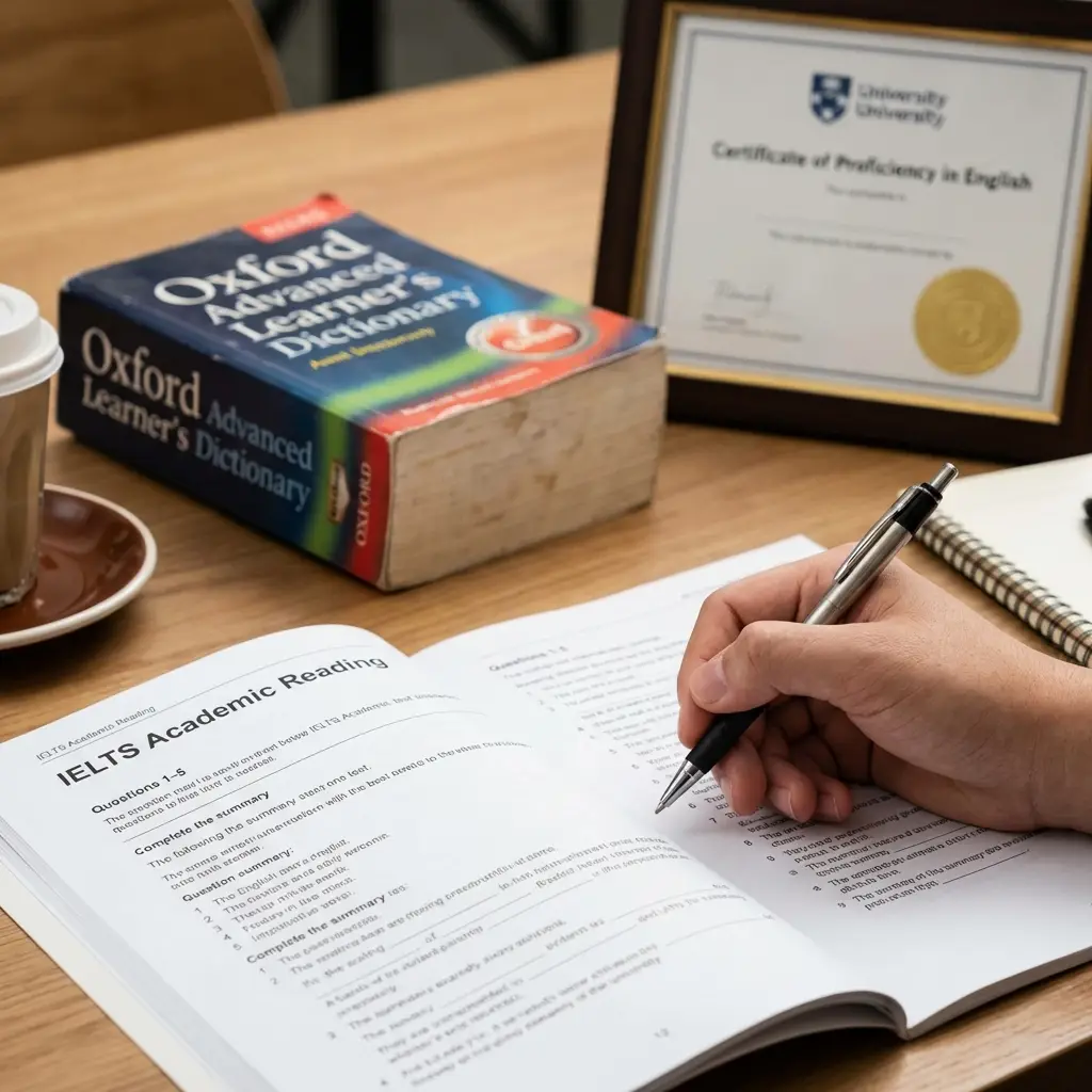 Hand eines Studenten beim Ausfüllen eines IELTS Sprachzertifikat Tests