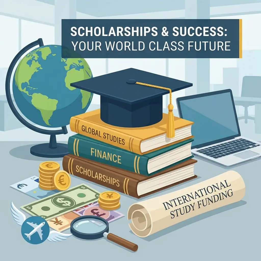 Stilisierte Darstellung von Auslandsstipendien mit Abschlusskappe und Weltkugel