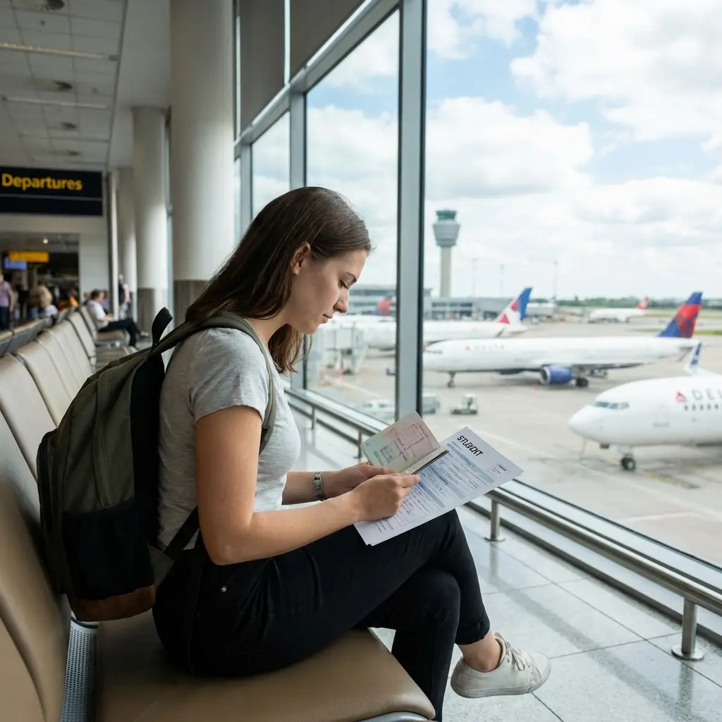 Student am Flughafen bereitet sich mit Reisepass auf sein Auslandssemester vor
