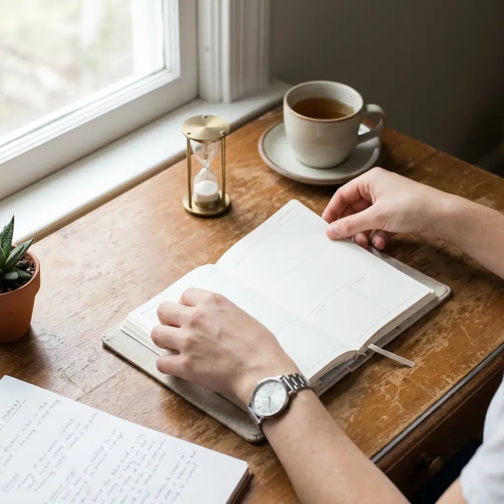 Student plant seinen Tag mit einem Planer für besseres Zeitmanagement im Studium